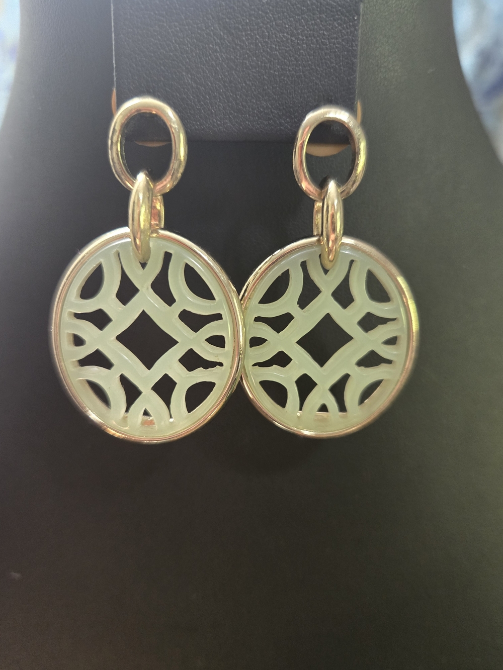 VINTAGE MONET Signed Pierced Earrings Gold Tone Green Lucite Cutout Drop Dangle